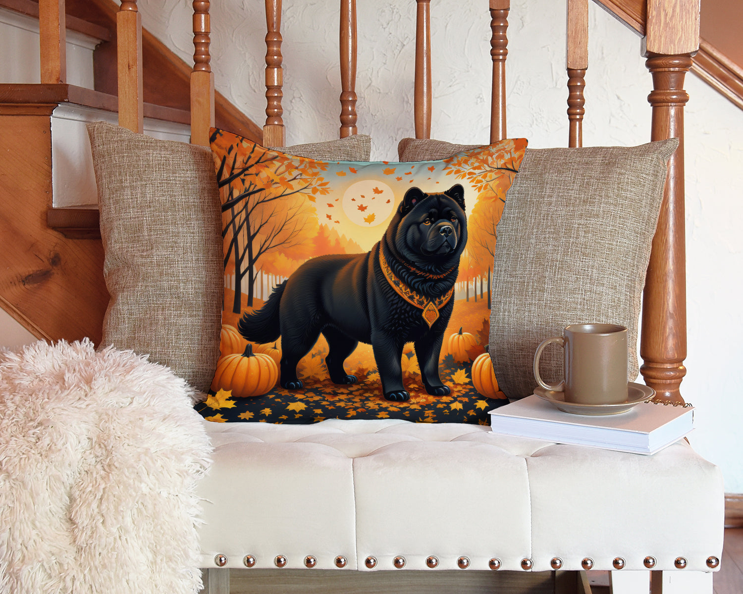 Black Chow Chow Fall Decorative Throw Pillow 14x14 Indoor Outdoor Accent Cushion, Fabric Cover with Insert for Sofa, Bed, Porch & Living Room