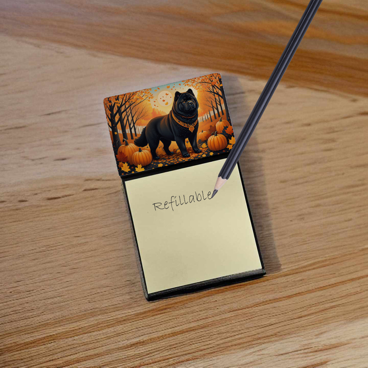 Black Chow Chow Fall Watercolor Sticky Note Holder Refillable Dispenser Desk Accessory 3x3 Pad Gift