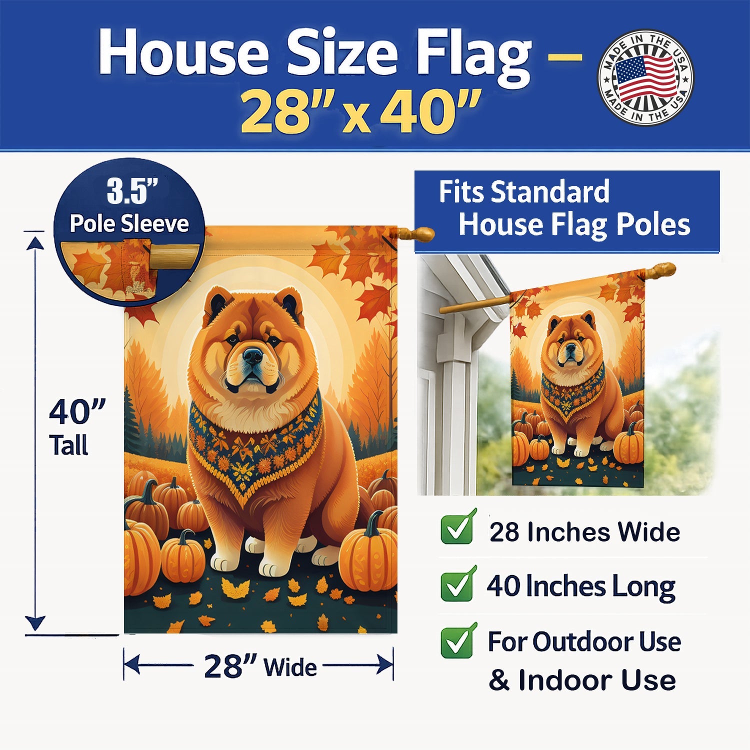 Chow Chow Fall House Flag 28x40 Porch Sleeve Pole Decorative Outside Yard Banner Artwork Wall Hanging, Polyester