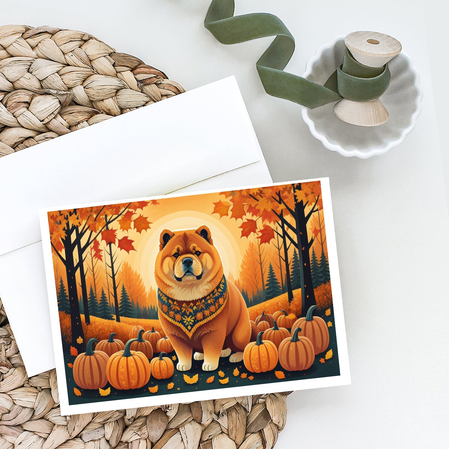 Chow Chow Fall Greeting Cards Pack of 8 Blank Cards with Envelopes Whimsical A7 Size 5x7