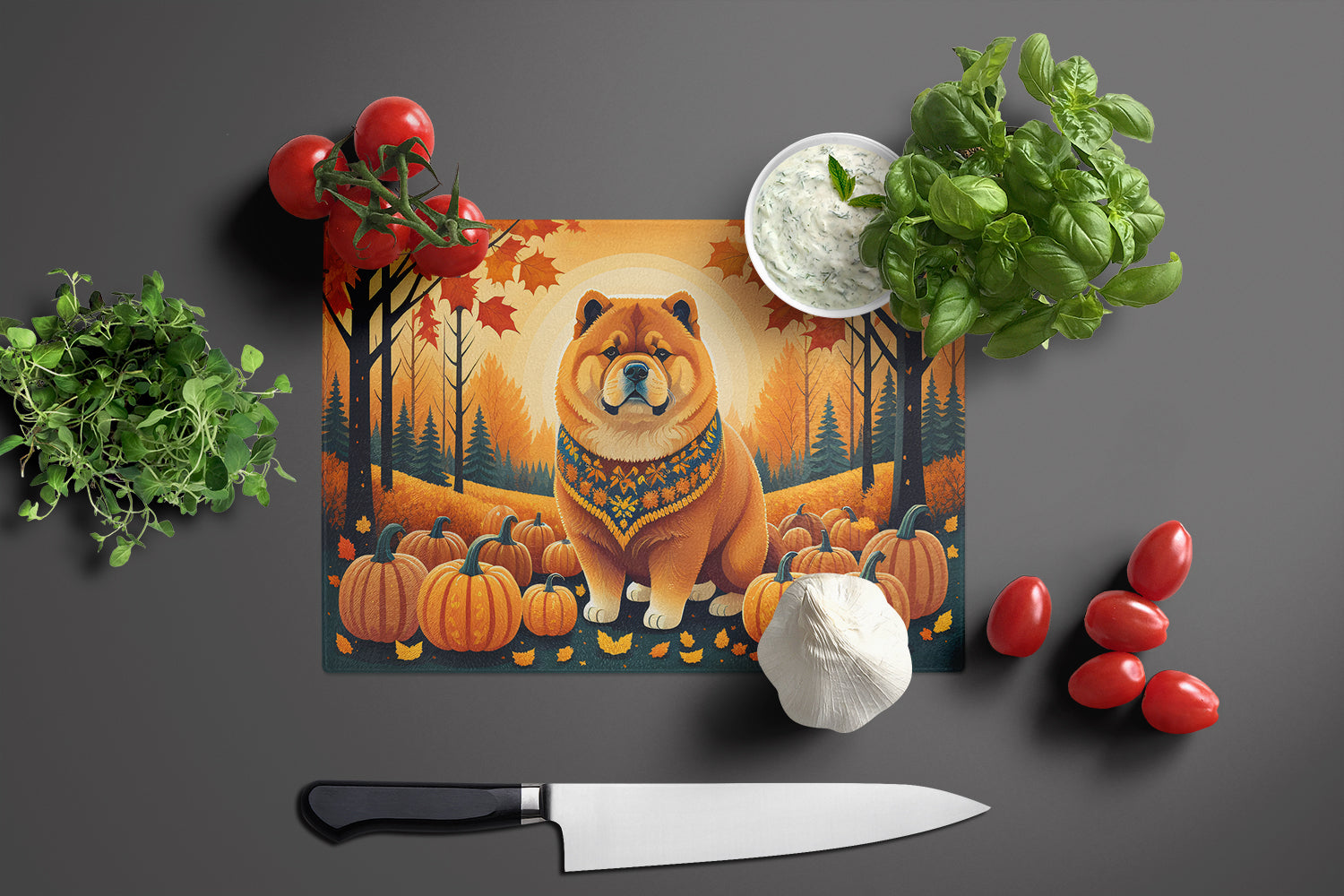Chow Chow Fall Cutting Board Tempered Glass Kitchen Cutting Surface, Heat Resistant Chopping, Non-Slip Feet, Food Prep & Serving