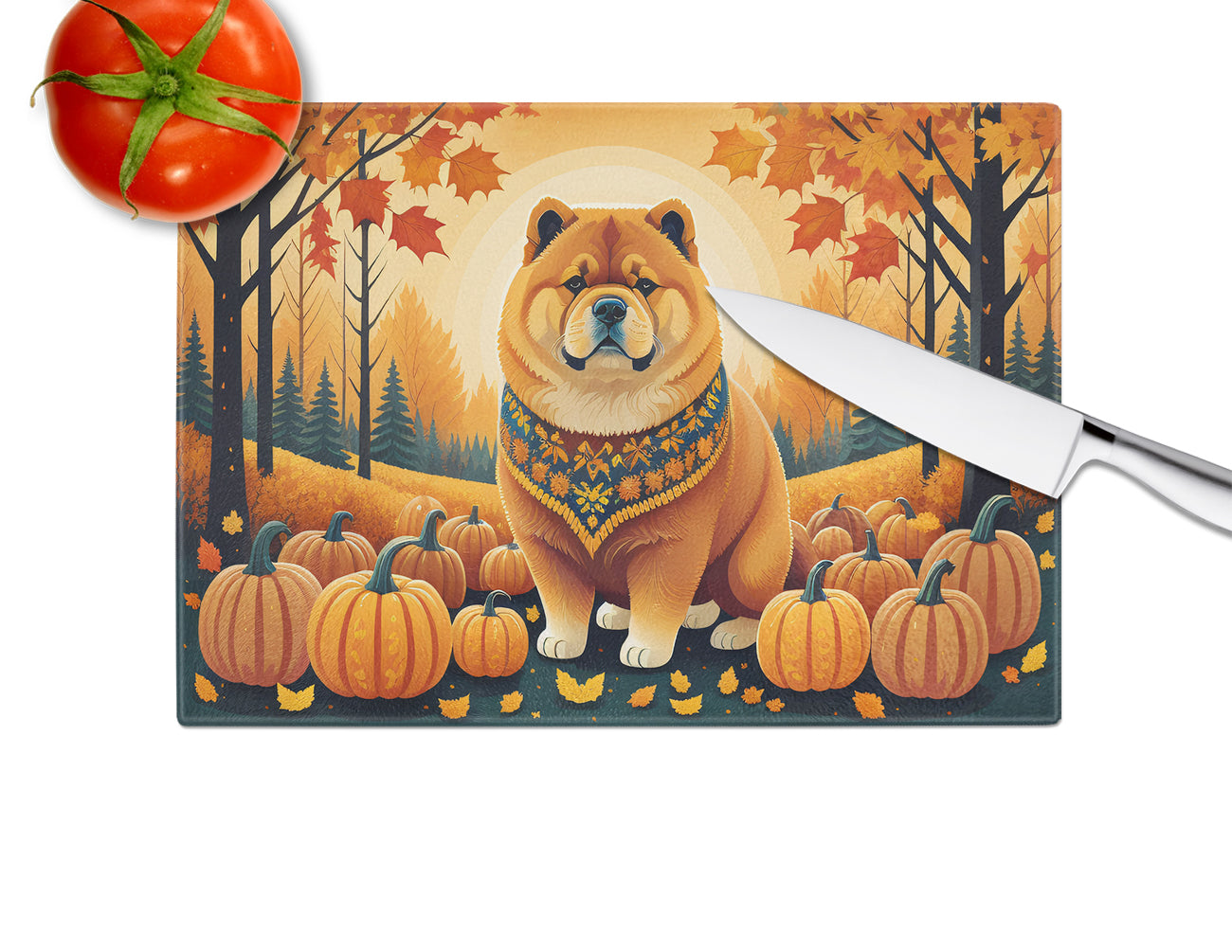 Chow Chow Fall Cutting Board Tempered Glass Kitchen Cutting Surface, Heat Resistant Chopping, Non-Slip Feet, Food Prep & Serving