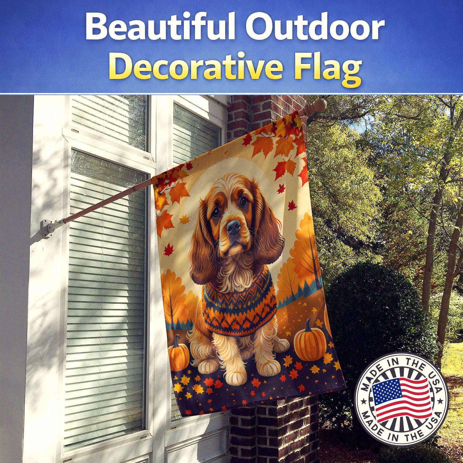Cocker Spaniel Fall House Flag 28x40 Porch Sleeve Pole Decorative Outside Yard Banner Artwork Wall Hanging, Polyester
