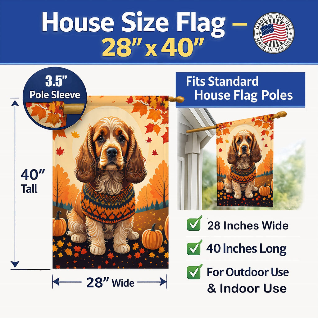 Cocker Spaniel Fall House Flag 28x40 Porch Sleeve Pole Decorative Outside Yard Banner Artwork Wall Hanging, Polyester
