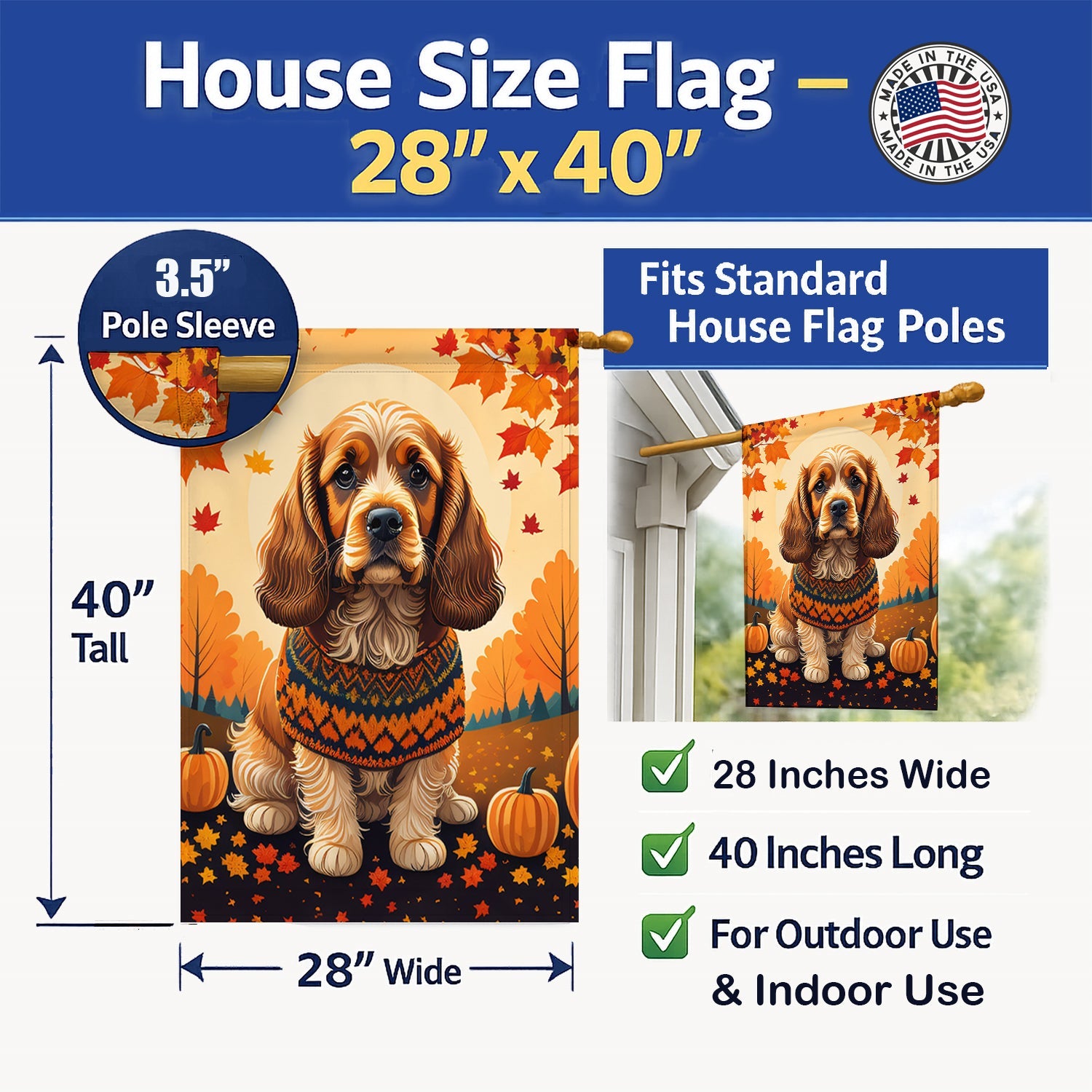 Cocker Spaniel Fall House Flag 28x40 Porch Sleeve Pole Decorative Outside Yard Banner Artwork Wall Hanging, Polyester