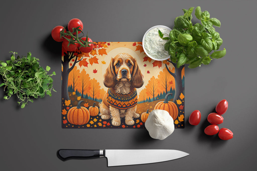 Cocker Spaniel Fall Cutting Board Tempered Glass Kitchen Cutting Surface, Heat Resistant Chopping, Non-Slip Feet, Food Prep & Serving