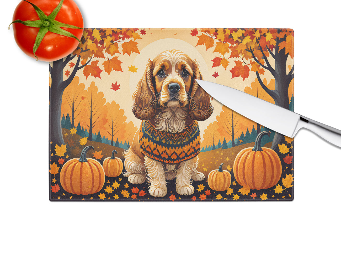 Cocker Spaniel Fall Cutting Board Tempered Glass Kitchen Cutting Surface, Heat Resistant Chopping, Non-Slip Feet, Food Prep & Serving