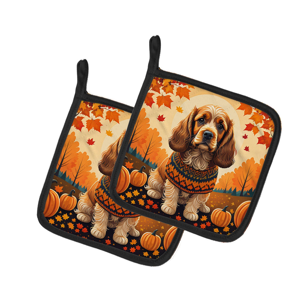 Cocker Spaniel Fall Pot Holder Set of 2 Heat Resistant Quilted Hot Pads 7.5 x 7.5 Inch, Insulated Kitchen Trivets for Cooking & Baking
