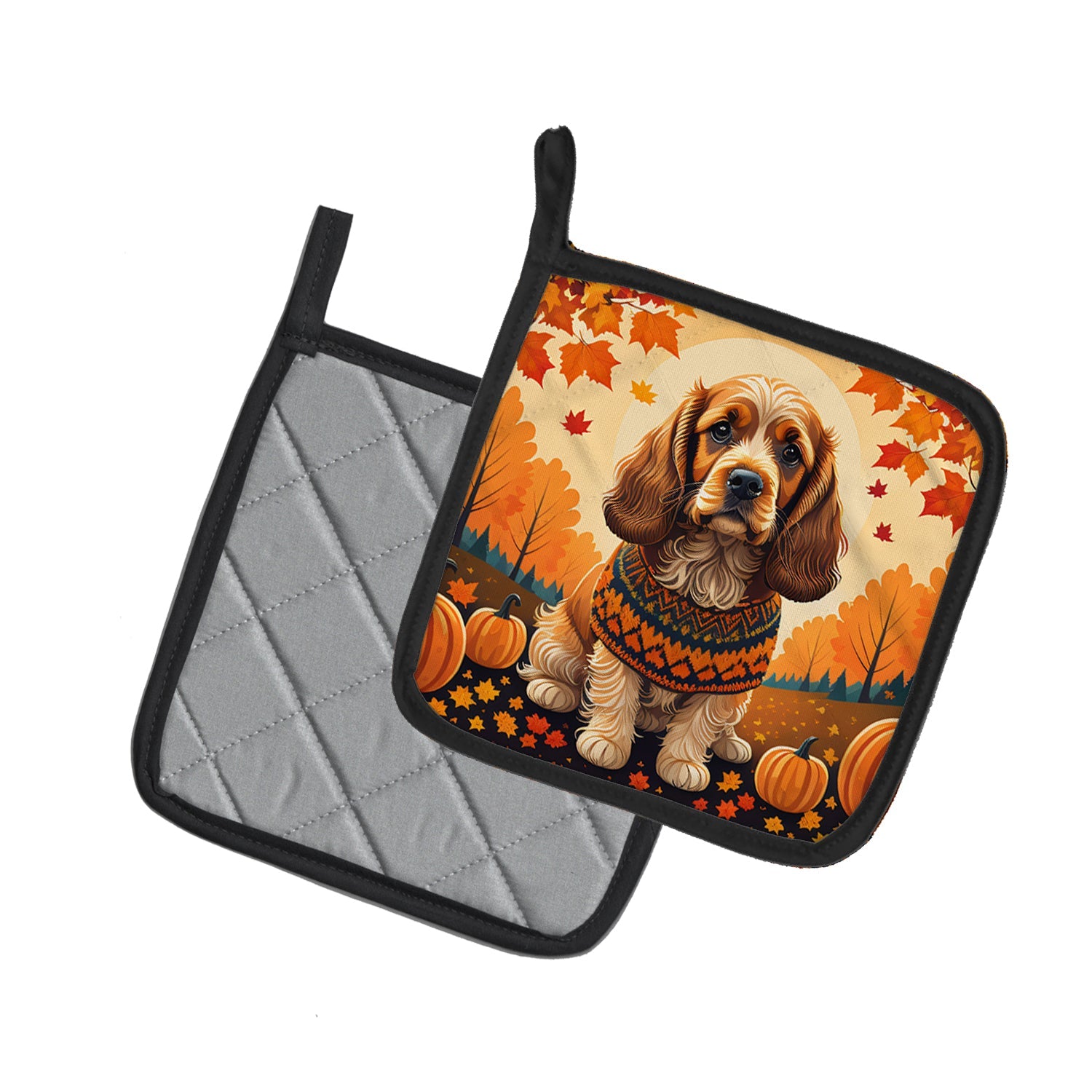 Cocker Spaniel Fall Pot Holder Set of 2 Heat Resistant Quilted Hot Pads 7.5 x 7.5 Inch, Insulated Kitchen Trivets for Cooking & Baking