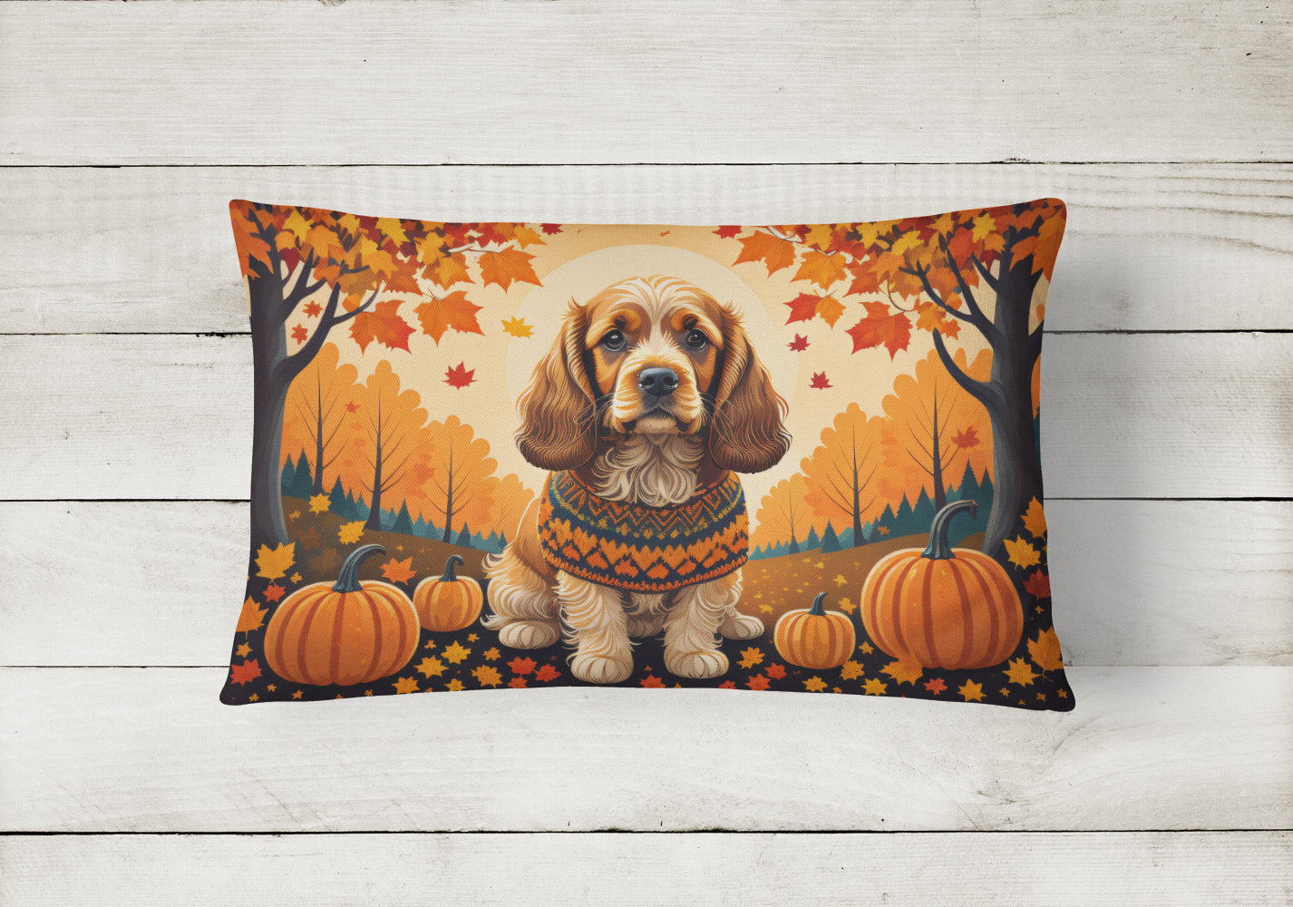 Cocker Spaniel Fall Decorative Throw Pillow 12x16 Indoor Outdoor Accent Cushion, Fabric Cover with Insert for Sofa, Bed, Porch & Living Room