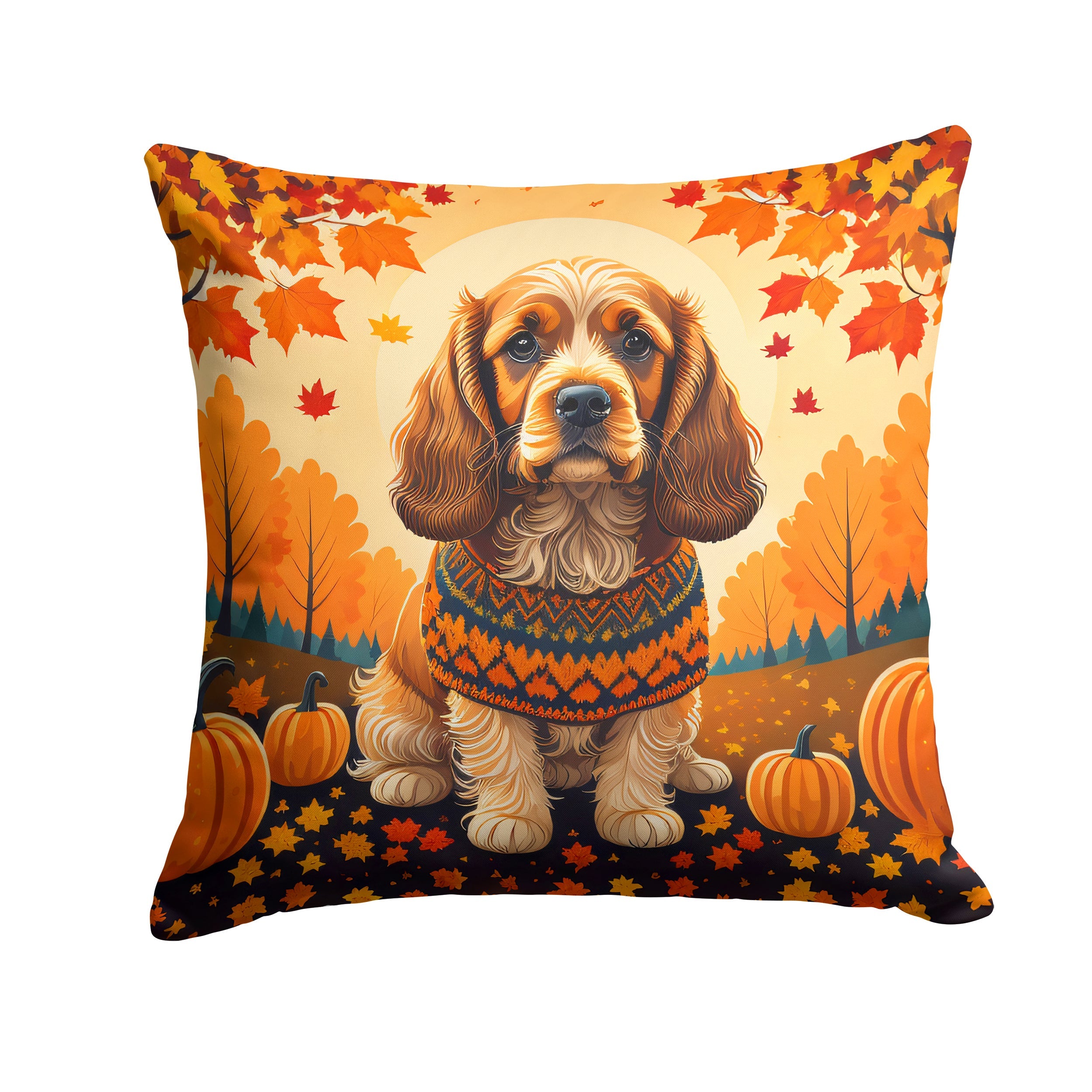 Cocker Spaniel Fall Decorative Throw Pillow 14x14 Indoor Outdoor Accent Cushion, Fabric Cover with Insert for Sofa, Bed, Porch & Living Room