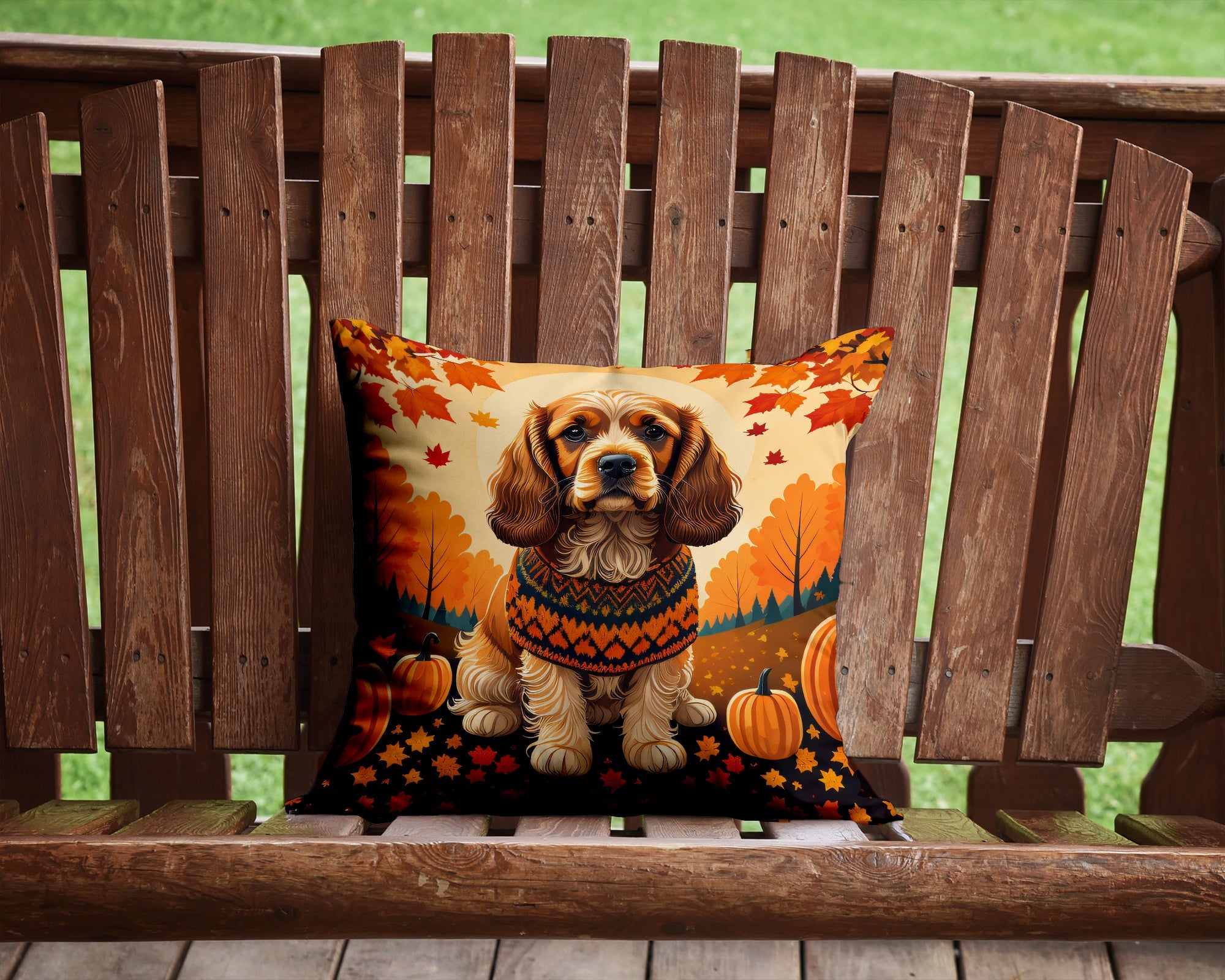 Cocker Spaniel Fall Decorative Throw Pillow 14x14 Indoor Outdoor Accent Cushion, Fabric Cover with Insert for Sofa, Bed, Porch & Living Room