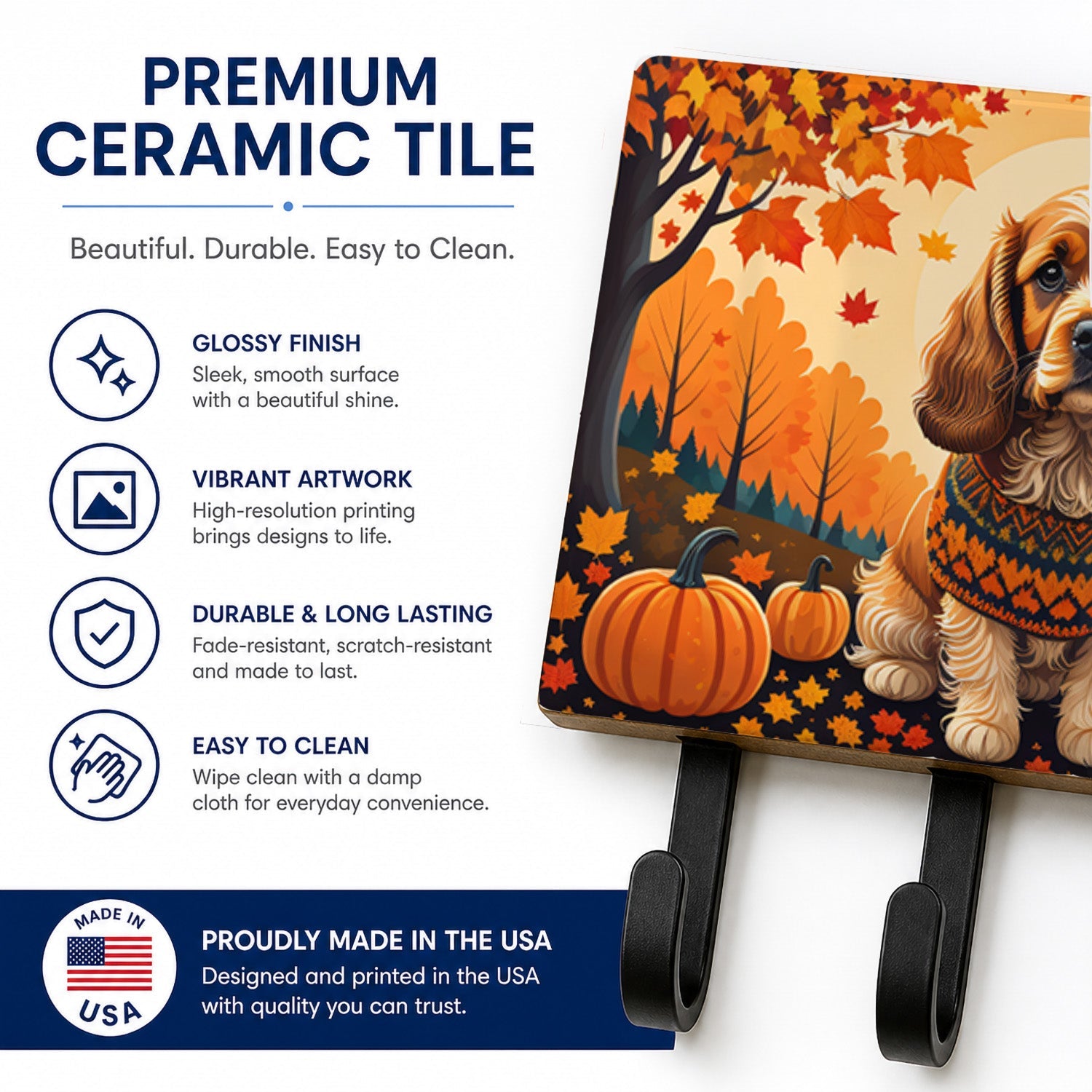 Cocker Spaniel Fall Leash or Key Holder Wall Hooks, Coat Rack Wall Mount, for Hanging Keys, Towels, Aprons, Leashes