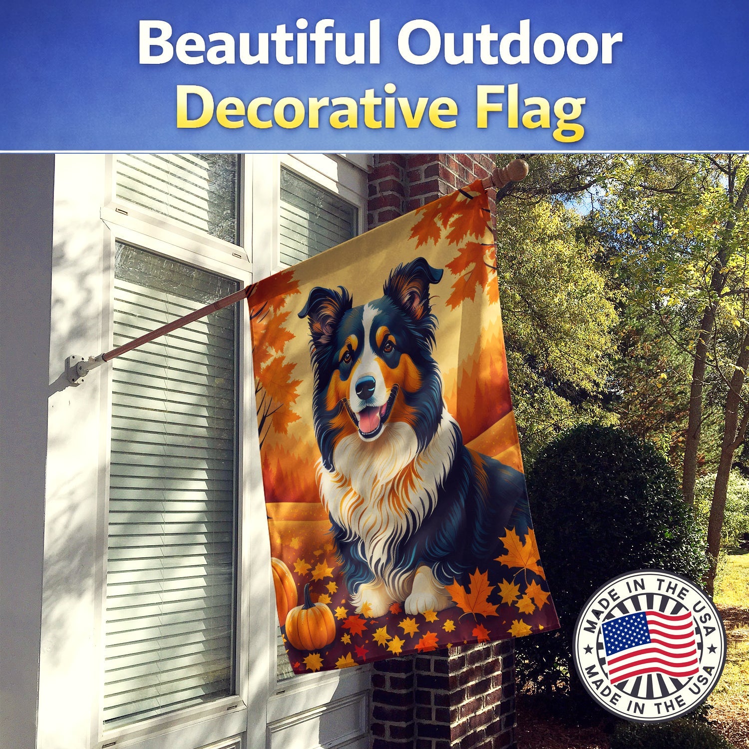 Collie Fall House Flag 28x40 Porch Sleeve Pole Decorative Outside Yard Banner Artwork Wall Hanging, Polyester