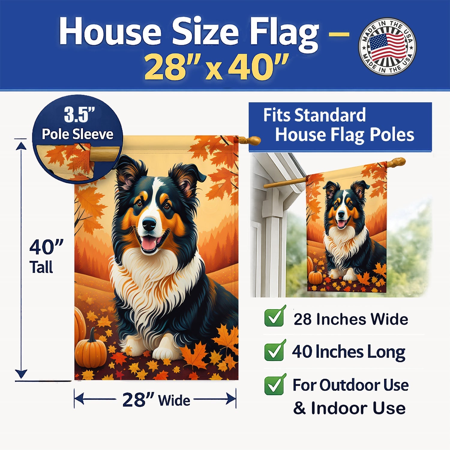 Collie Fall House Flag 28x40 Porch Sleeve Pole Decorative Outside Yard Banner Artwork Wall Hanging, Polyester