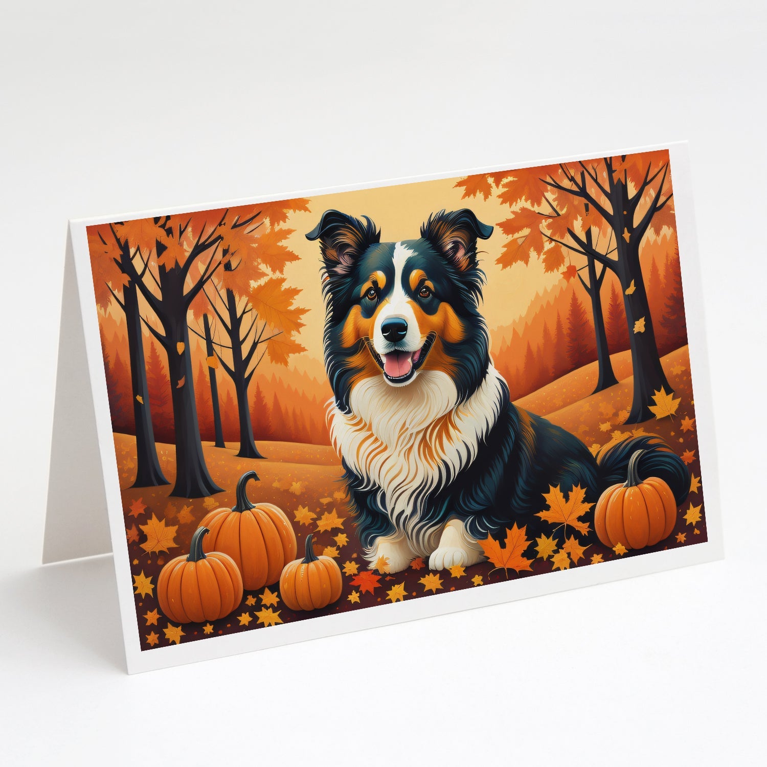 Collie Fall Greeting Cards Pack of 8 Blank Cards with Envelopes Whimsical A7 Size 5x7