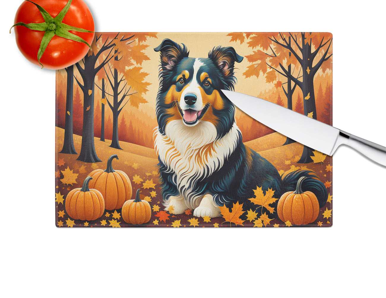 Collie Fall Cutting Board Tempered Glass Kitchen Cutting Surface, Heat Resistant Chopping, Non-Slip Feet, Food Prep & Serving