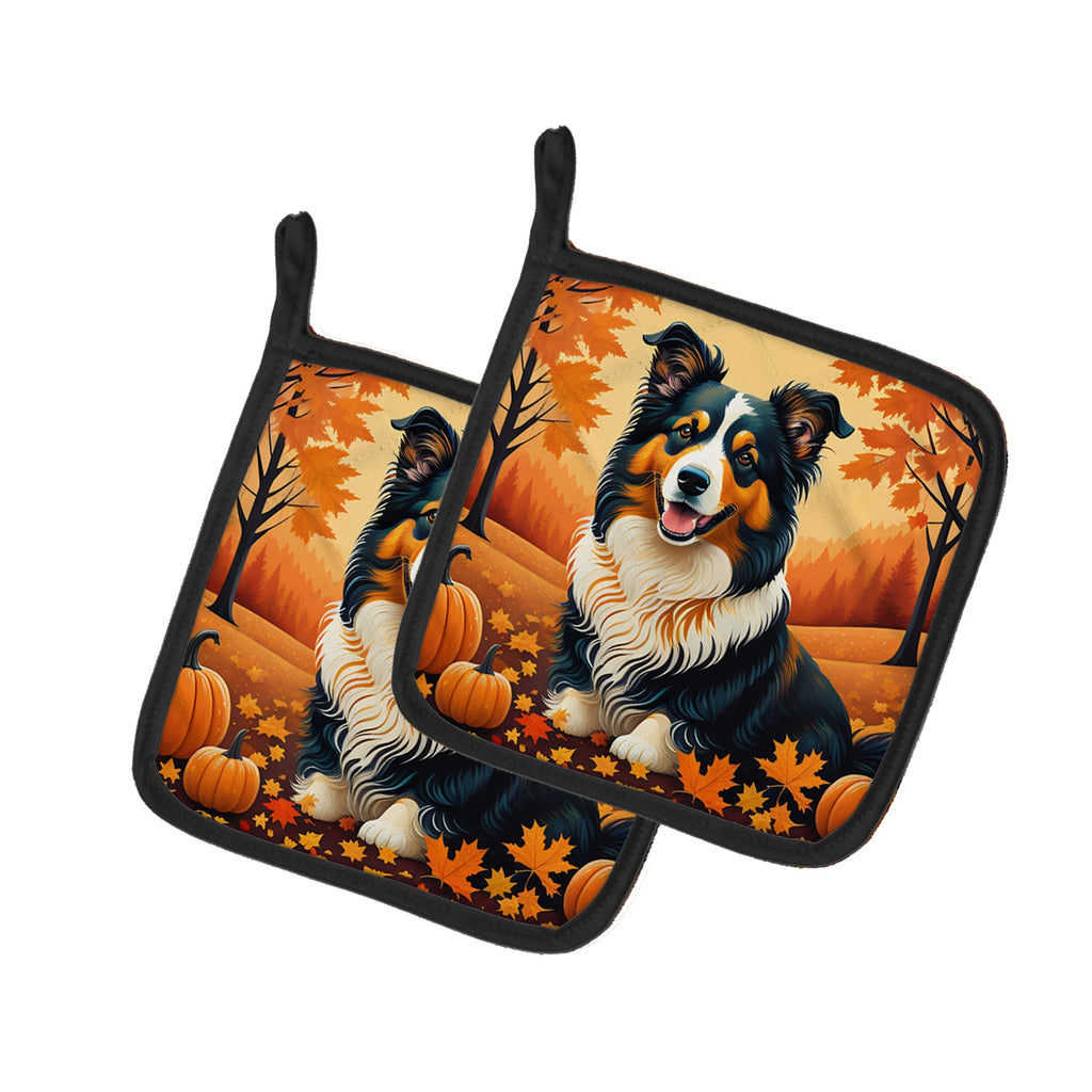 Collie Fall Pot Holder Set of 2 Heat Resistant Quilted Hot Pads 7.5 x 7.5 Inch, Insulated Kitchen Trivets for Cooking & Baking