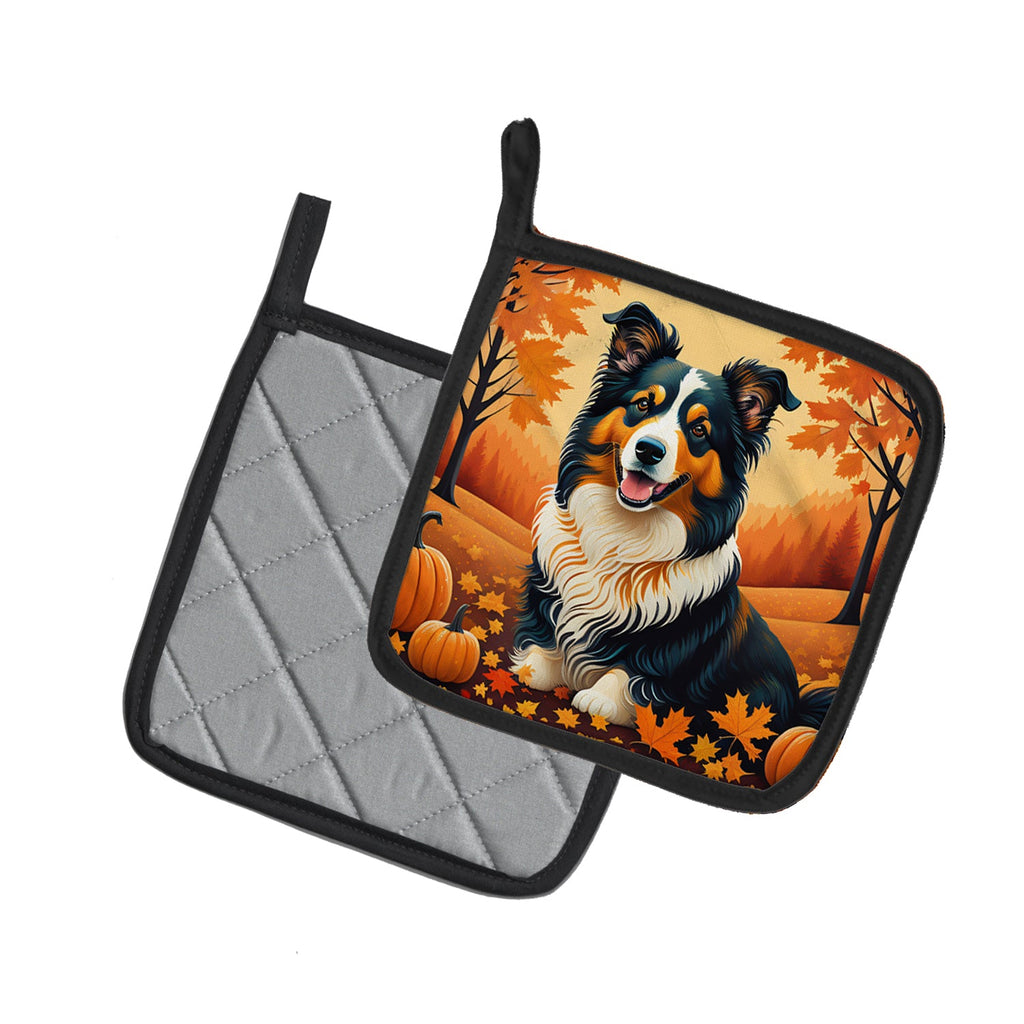 Collie Fall Pot Holder Set of 2 Heat Resistant Quilted Hot Pads 7.5 x 7.5 Inch, Insulated Kitchen Trivets for Cooking & Baking
