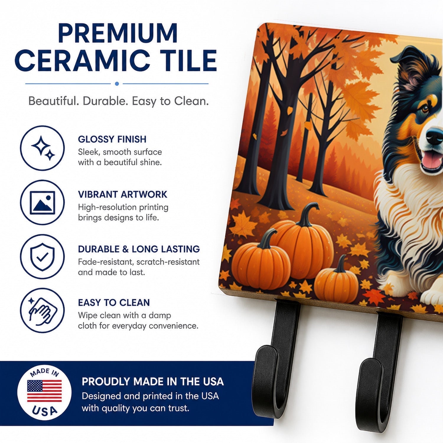 Collie Fall Leash or Key Holder Wall Hooks, Coat Rack Wall Mount, for Hanging Keys, Towels, Aprons, Leashes