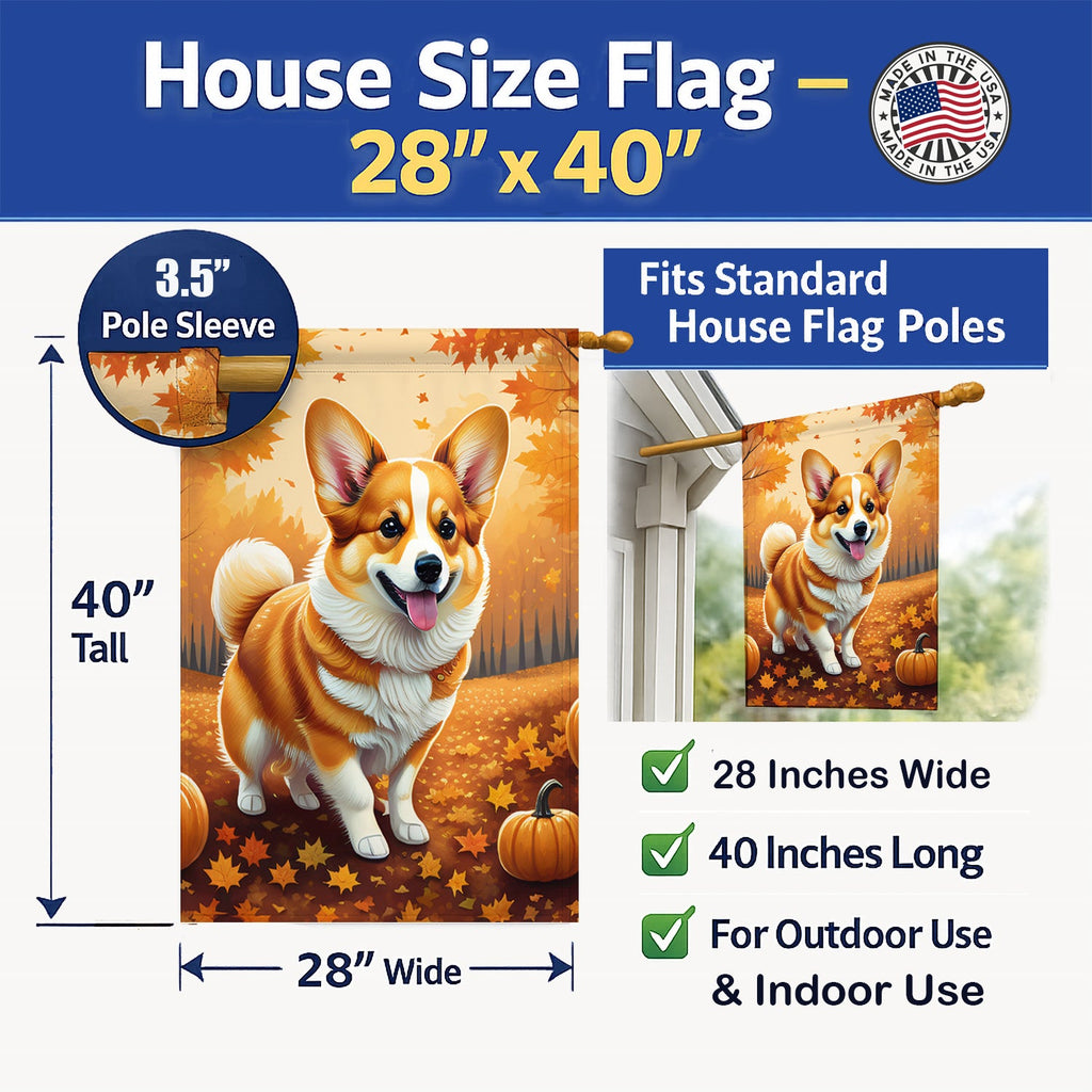 Corgi Fall House Flag 28x40 Porch Sleeve Pole Decorative Outside Yard Banner Artwork Wall Hanging, Polyester