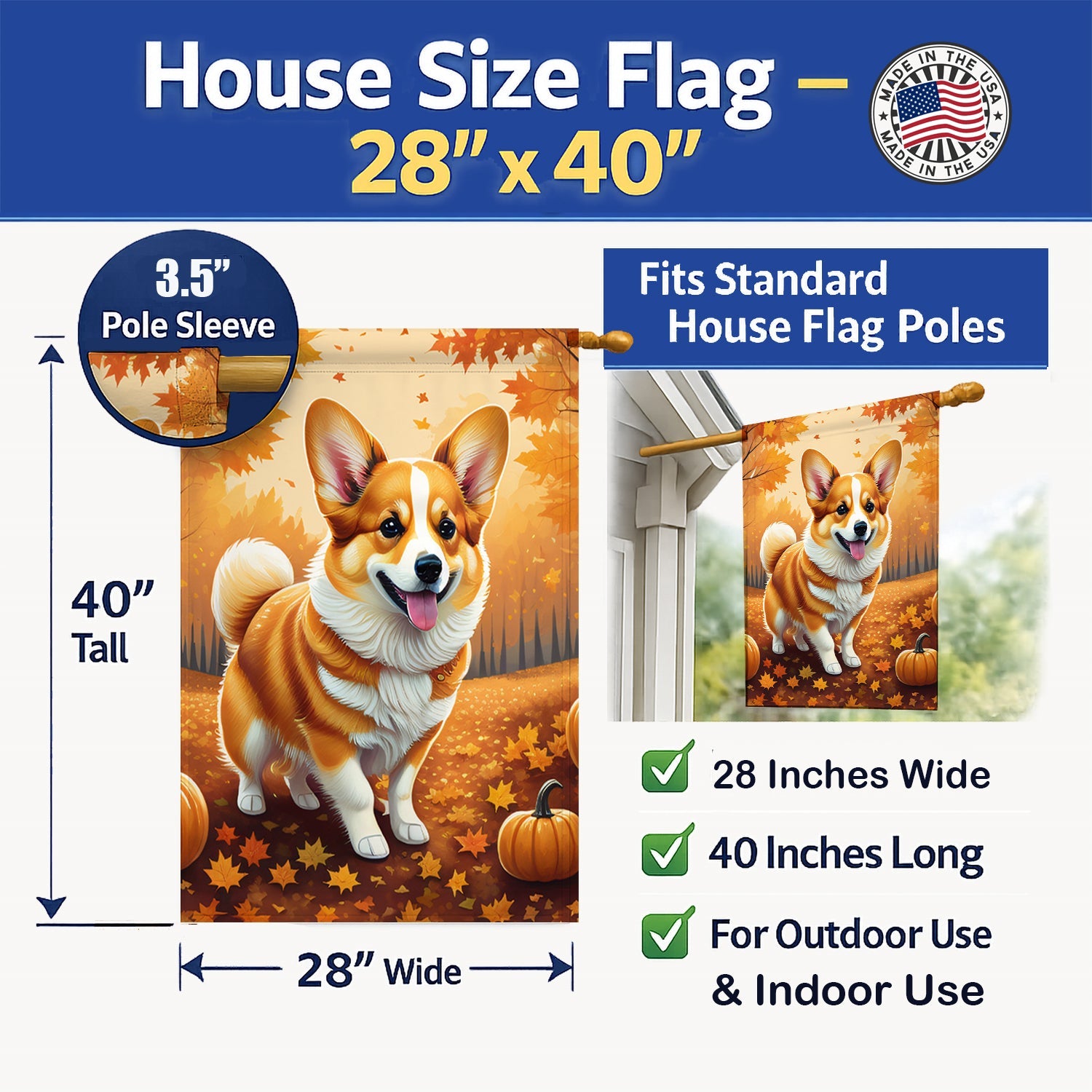 Corgi Fall House Flag 28x40 Porch Sleeve Pole Decorative Outside Yard Banner Artwork Wall Hanging, Polyester