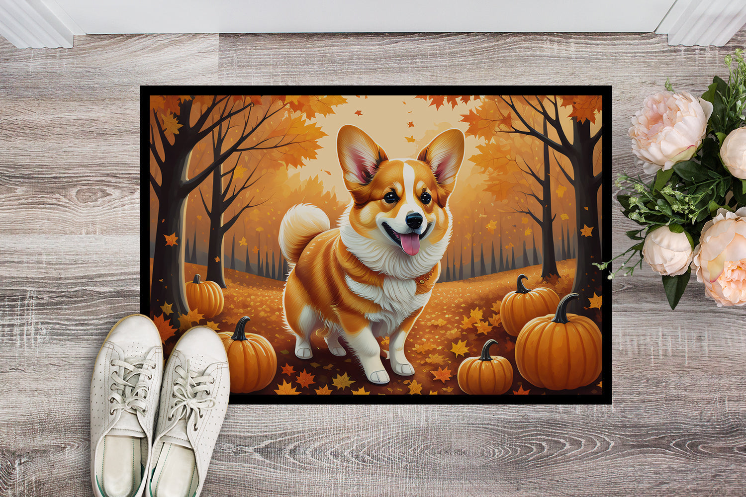 Corgi Fall Doormat Indoor Outdoor 24H X 36W Front Door Mat Rugs for Entryway, Non Slip Washable Low Pile,