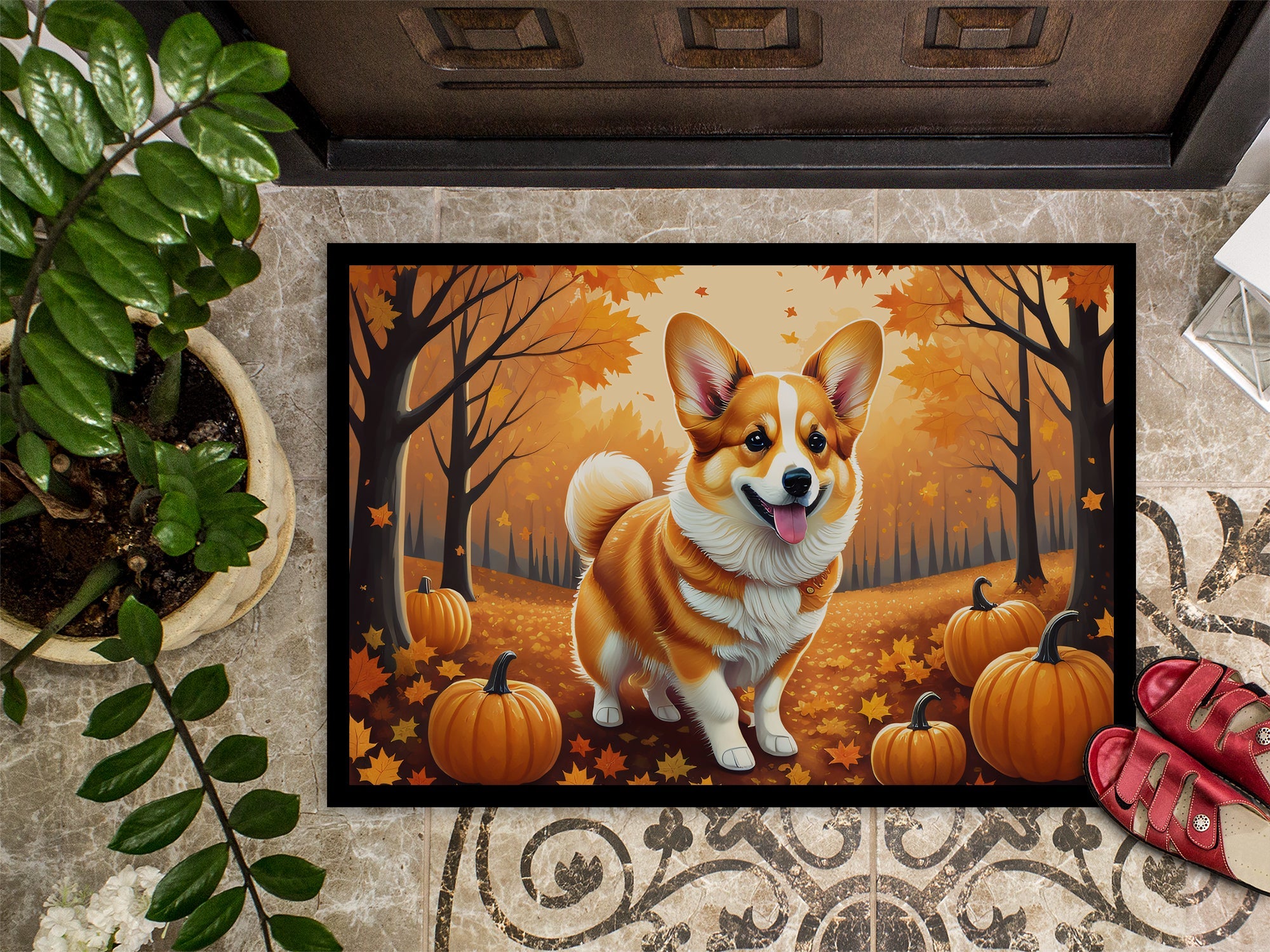 Corgi Fall Doormat Indoor Outdoor 24H X 36W Front Door Mat Rugs for Entryway, Non Slip Washable Low Pile,