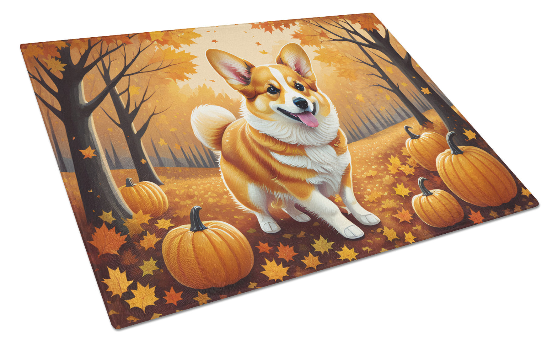 Corgi Fall Cutting Board Tempered Glass Kitchen Cutting Surface, Heat Resistant Chopping, Non-Slip Feet, Food Prep & Serving