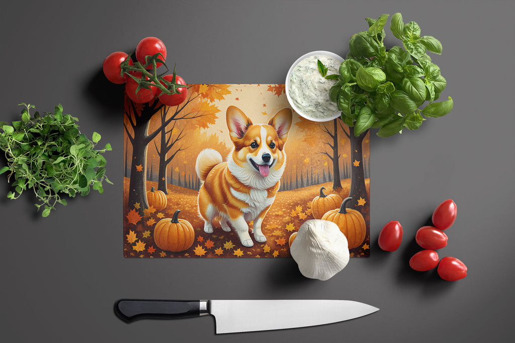 Corgi Fall Cutting Board Tempered Glass Kitchen Cutting Surface, Heat Resistant Chopping, Non-Slip Feet, Food Prep & Serving
