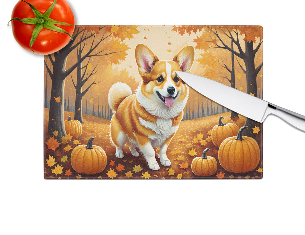 Corgi Fall Cutting Board Tempered Glass Kitchen Cutting Surface, Heat Resistant Chopping, Non-Slip Feet, Food Prep & Serving