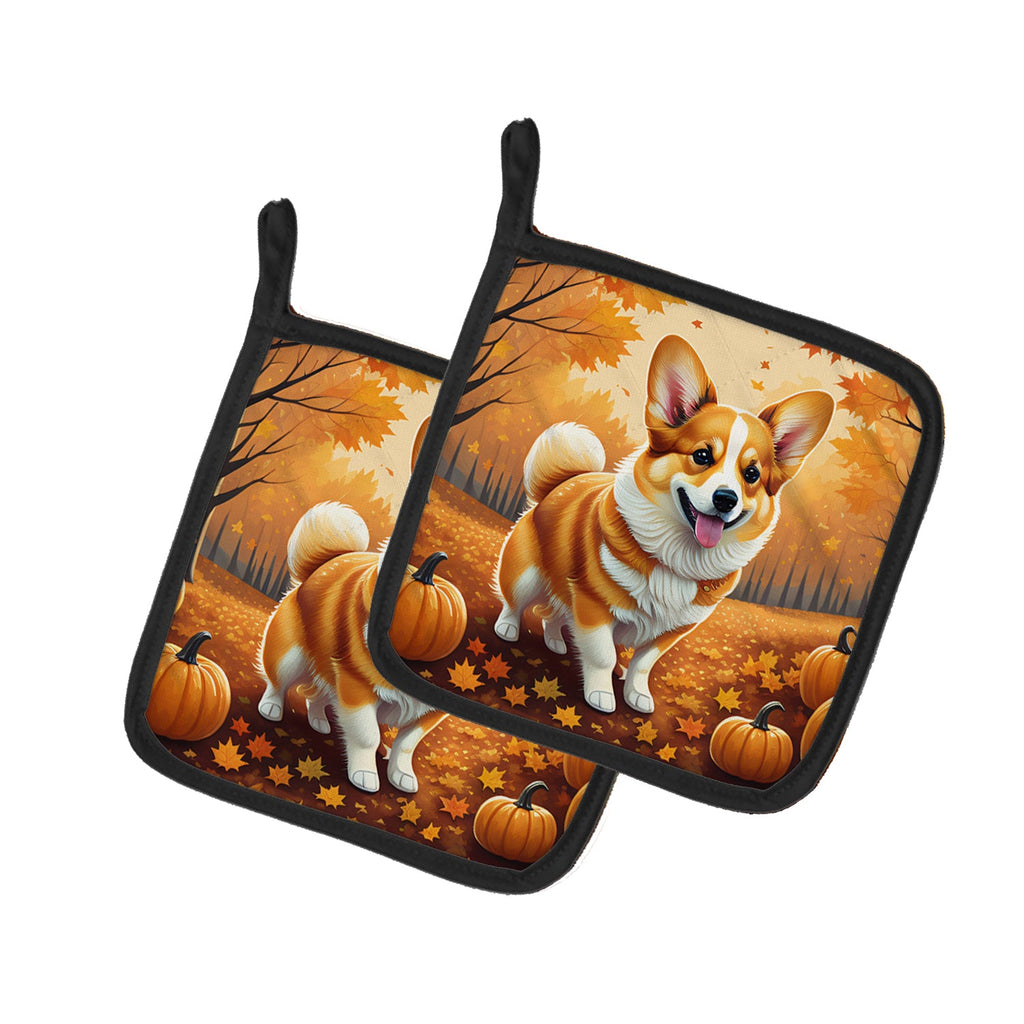 Corgi Fall Pot Holder Set of 2 Heat Resistant Quilted Hot Pads 7.5 x 7.5 Inch, Insulated Kitchen Trivets for Cooking & Baking