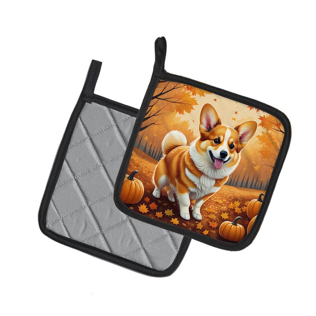 Corgi Fall Pot Holder Set of 2 Heat Resistant Quilted Hot Pads 7.5 x 7.5 Inch, Insulated Kitchen Trivets for Cooking & Baking