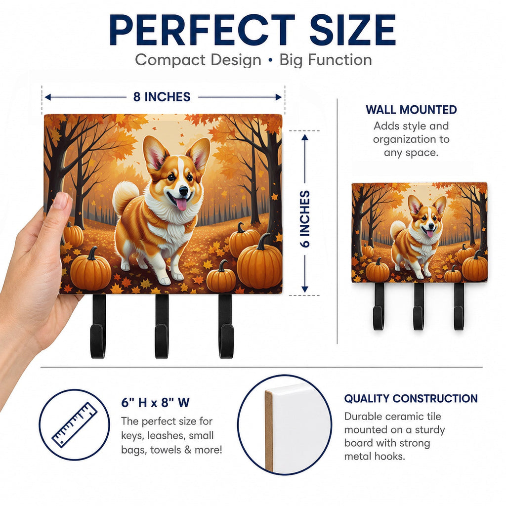 Corgi Fall Leash or Key Holder Wall Hooks, Coat Rack Wall Mount, for Hanging Keys, Towels, Aprons, Leashes