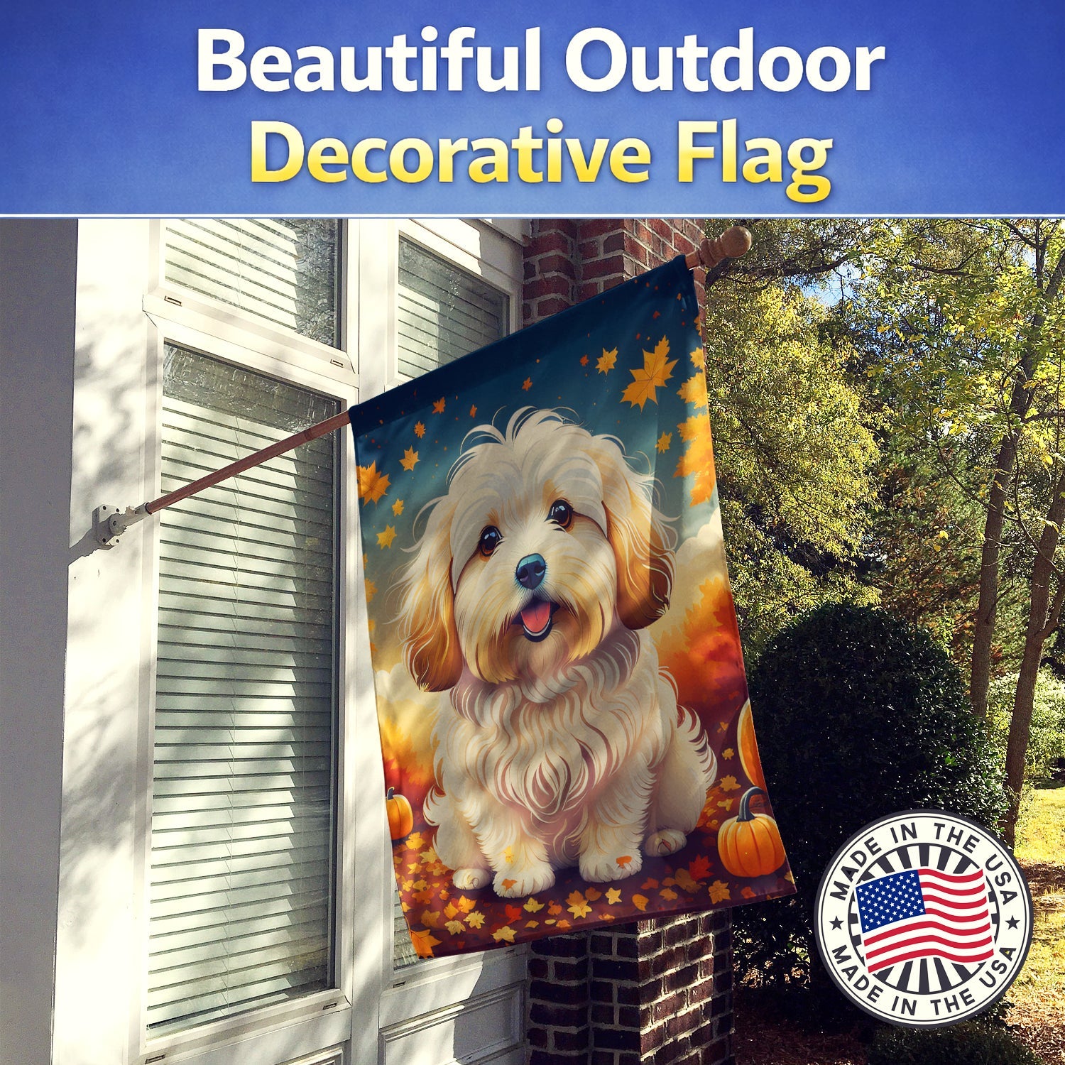 Coton De Tulear Fall House Flag 28x40 Porch Sleeve Pole Decorative Outside Yard Banner Artwork Wall Hanging, Polyester