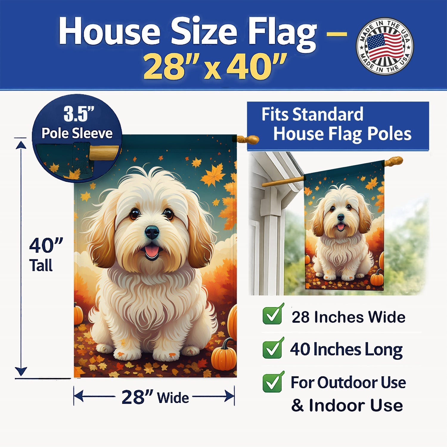 Coton De Tulear Fall House Flag 28x40 Porch Sleeve Pole Decorative Outside Yard Banner Artwork Wall Hanging, Polyester
