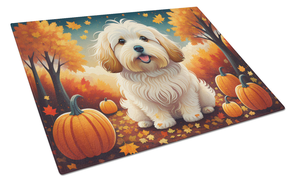 Coton De Tulear Fall Cutting Board Tempered Glass Kitchen Cutting Surface, Heat Resistant Chopping, Non-Slip Feet, Food Prep & Serving