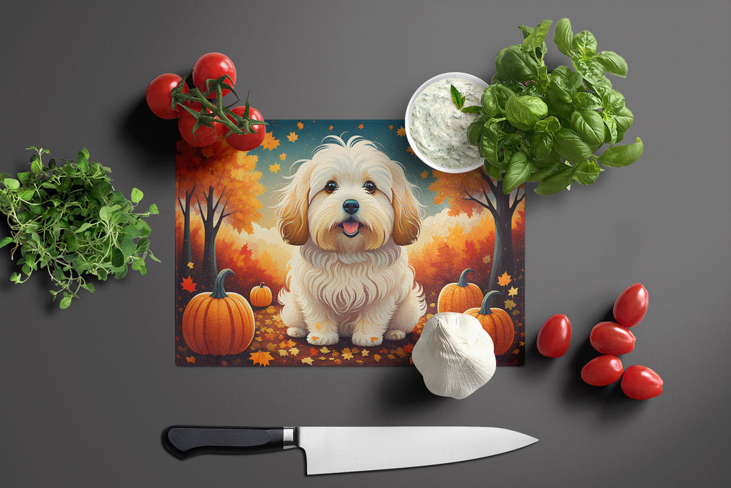 Coton De Tulear Fall Cutting Board Tempered Glass Kitchen Cutting Surface, Heat Resistant Chopping, Non-Slip Feet, Food Prep & Serving