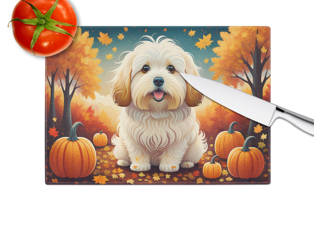 Coton De Tulear Fall Cutting Board Tempered Glass Kitchen Cutting Surface, Heat Resistant Chopping, Non-Slip Feet, Food Prep & Serving