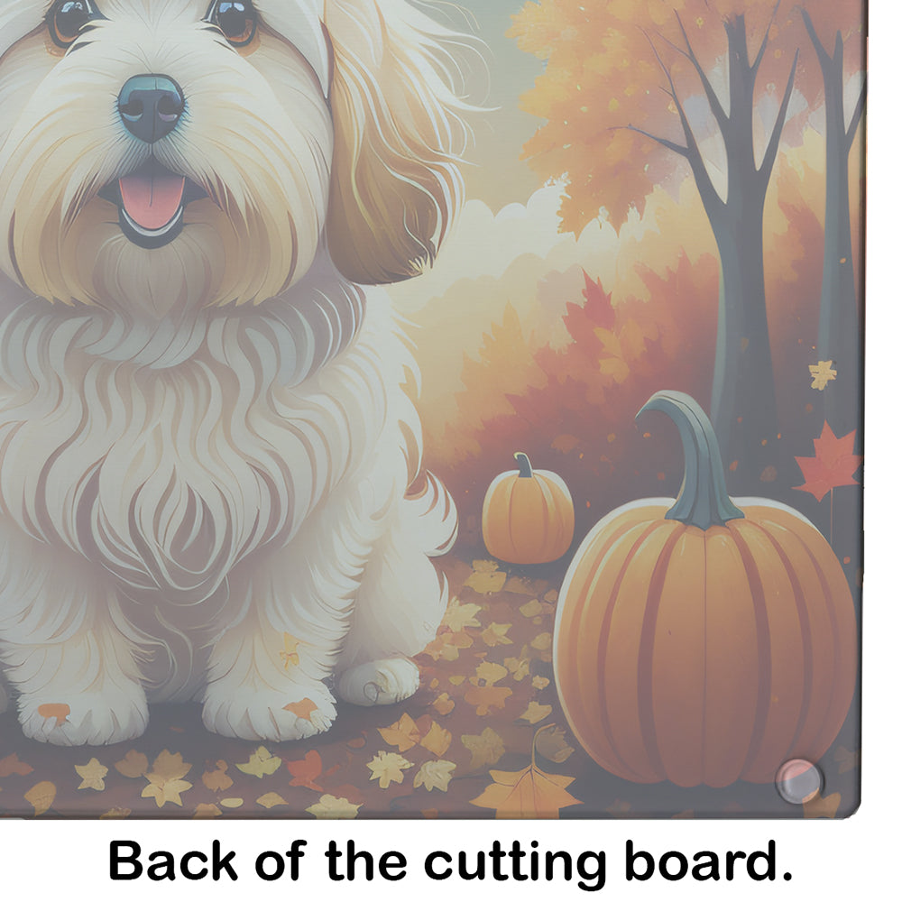 Coton De Tulear Fall Cutting Board Tempered Glass Kitchen Cutting Surface, Heat Resistant Chopping, Non-Slip Feet, Food Prep & Serving