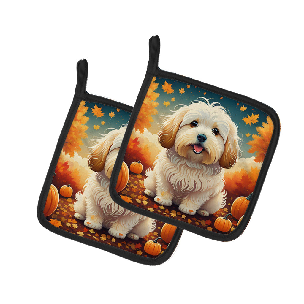 Coton De Tulear Fall Pot Holder Set of 2 Heat Resistant Quilted Hot Pads 7.5 x 7.5 Inch, Insulated Kitchen Trivets for Cooking & Baking