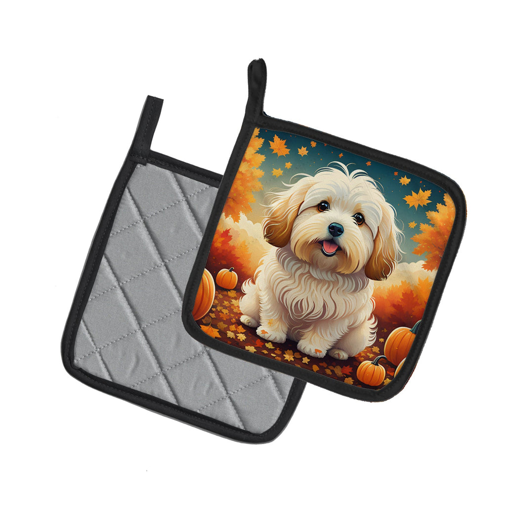 Coton De Tulear Fall Pot Holder Set of 2 Heat Resistant Quilted Hot Pads 7.5 x 7.5 Inch, Insulated Kitchen Trivets for Cooking & Baking