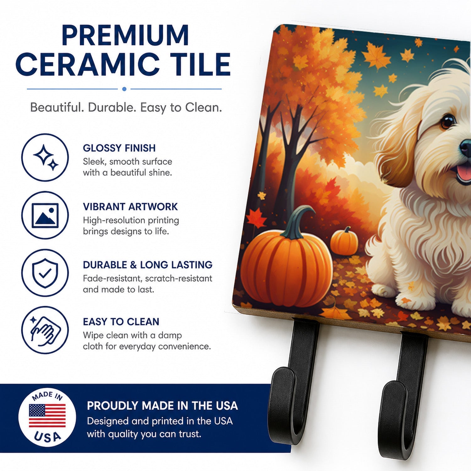 Coton De Tulear Fall Leash or Key Holder Wall Hooks, Coat Rack Wall Mount, for Hanging Keys, Towels, Aprons, Leashes