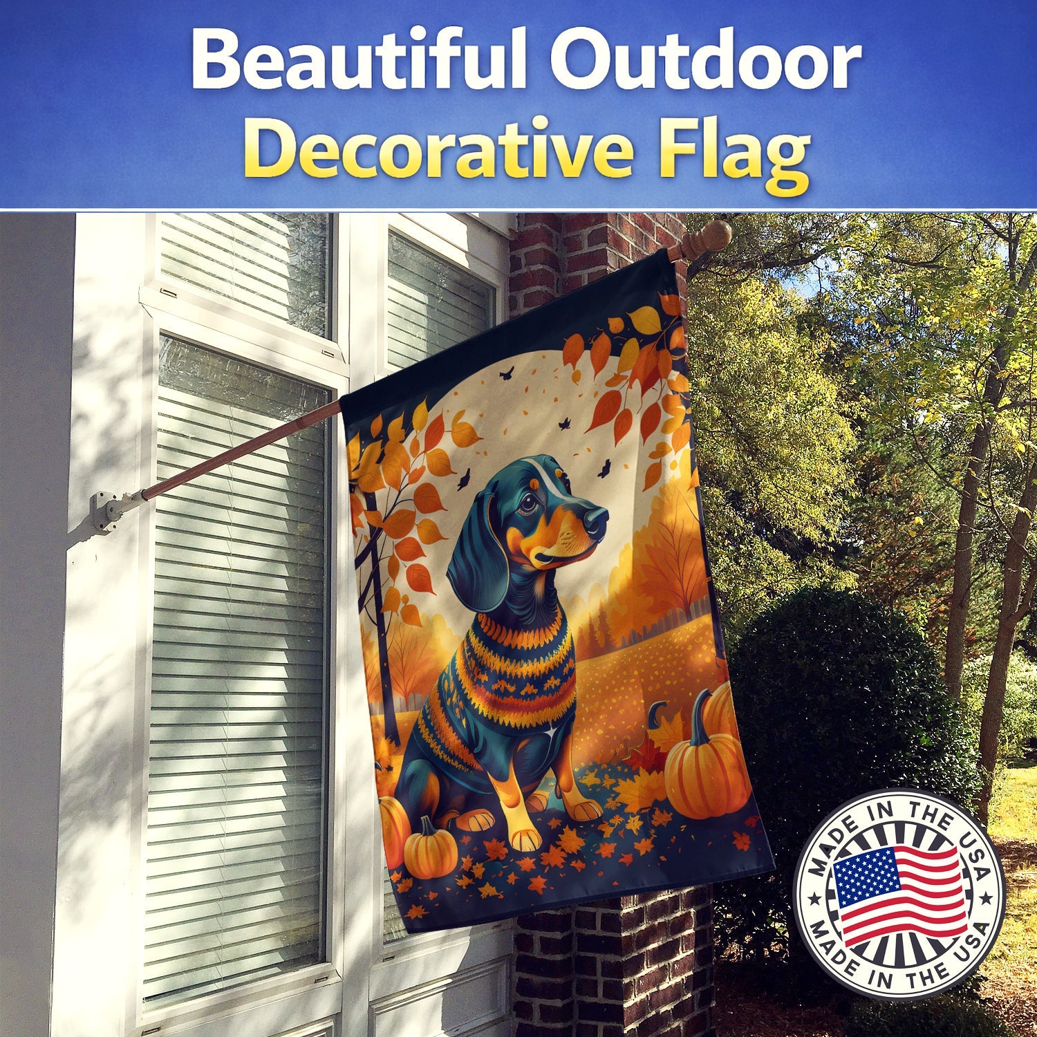 Dachshund Fall House Flag 28x40 Porch Sleeve Pole Decorative Outside Yard Banner Artwork Wall Hanging, Polyester