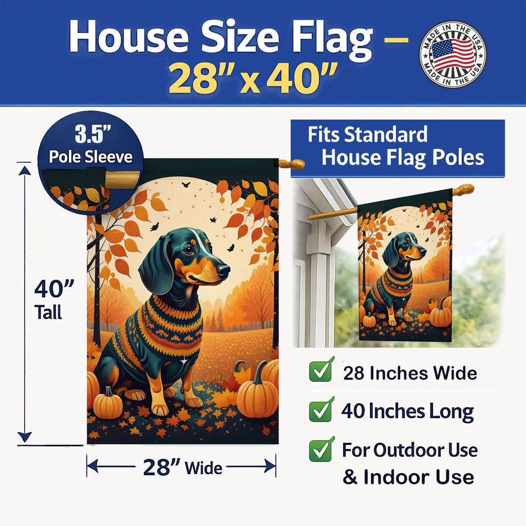 Dachshund Fall House Flag 28x40 Porch Sleeve Pole Decorative Outside Yard Banner Artwork Wall Hanging, Polyester