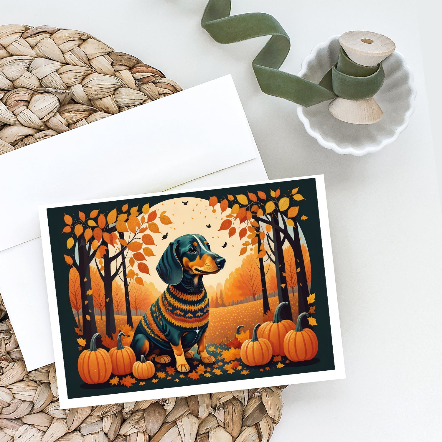 Dachshund Fall Greeting Cards Pack of 8 Blank Cards with Envelopes Whimsical A7 Size 5x7