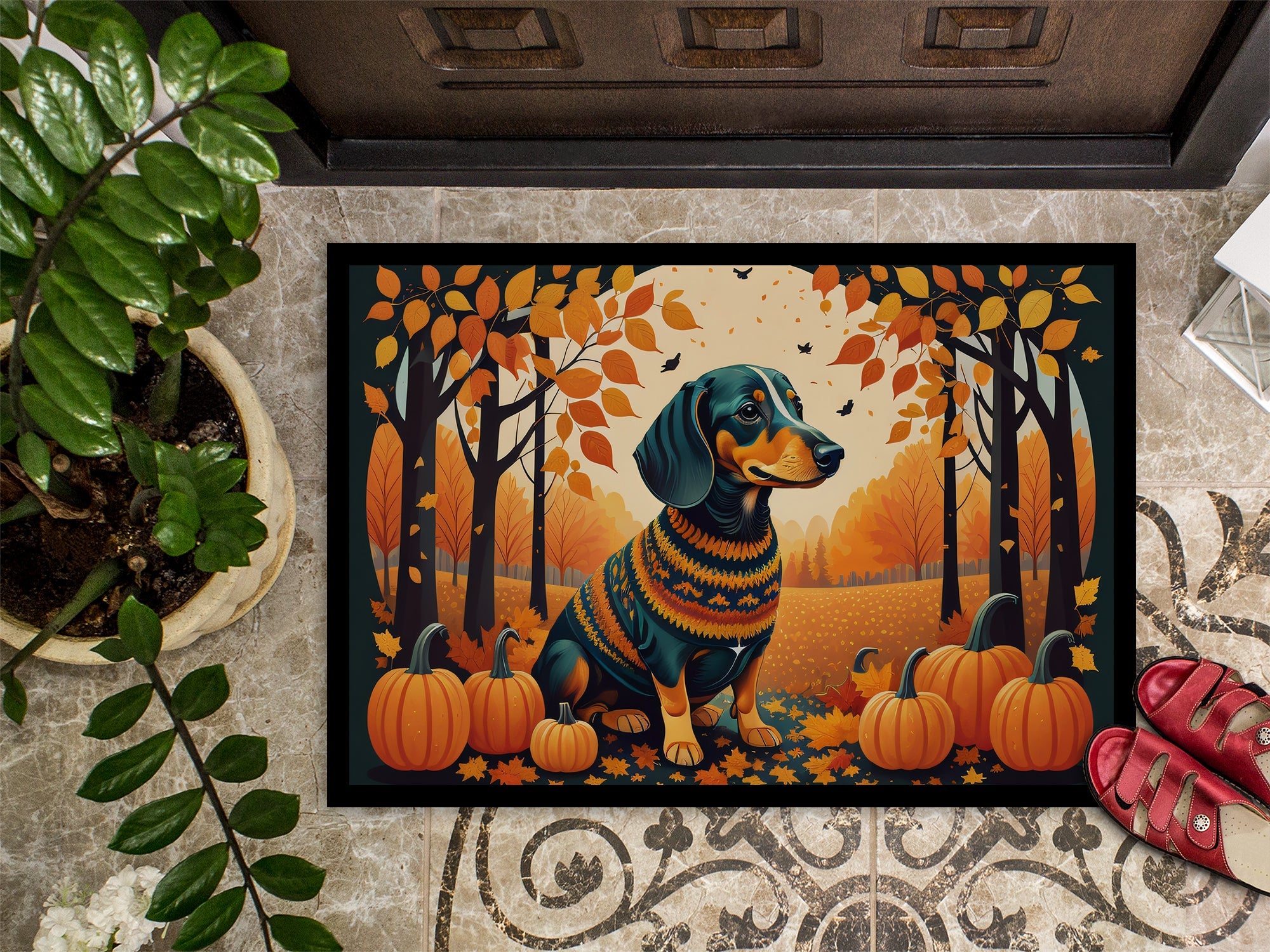 Dachshund Fall Doormat Indoor Outdoor 24H X 36W Front Door Mat Rugs for Entryway, Non Slip Washable Low Pile,