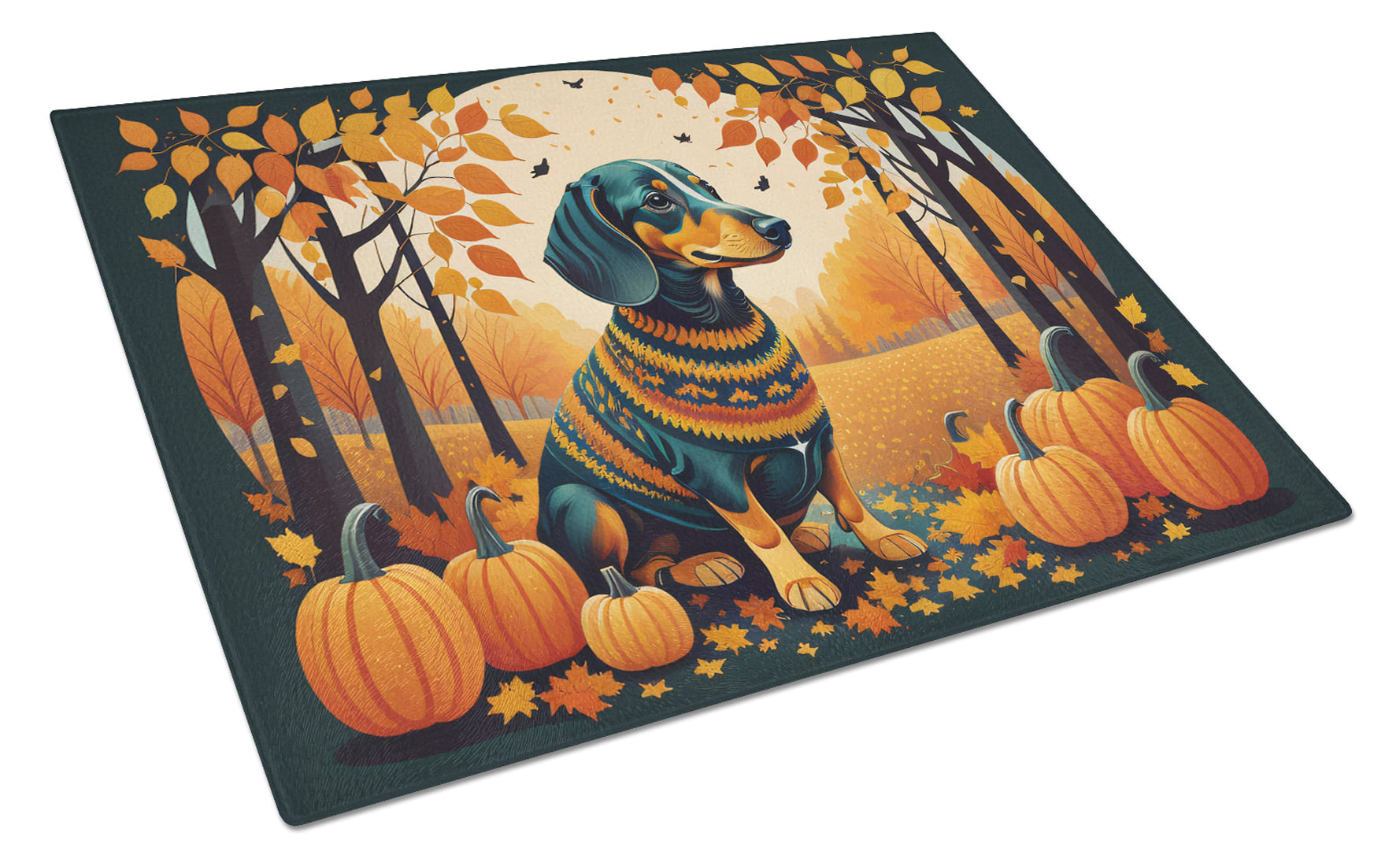 Dachshund Fall Cutting Board Tempered Glass Kitchen Cutting Surface, Heat Resistant Chopping, Non-Slip Feet, Food Prep & Serving