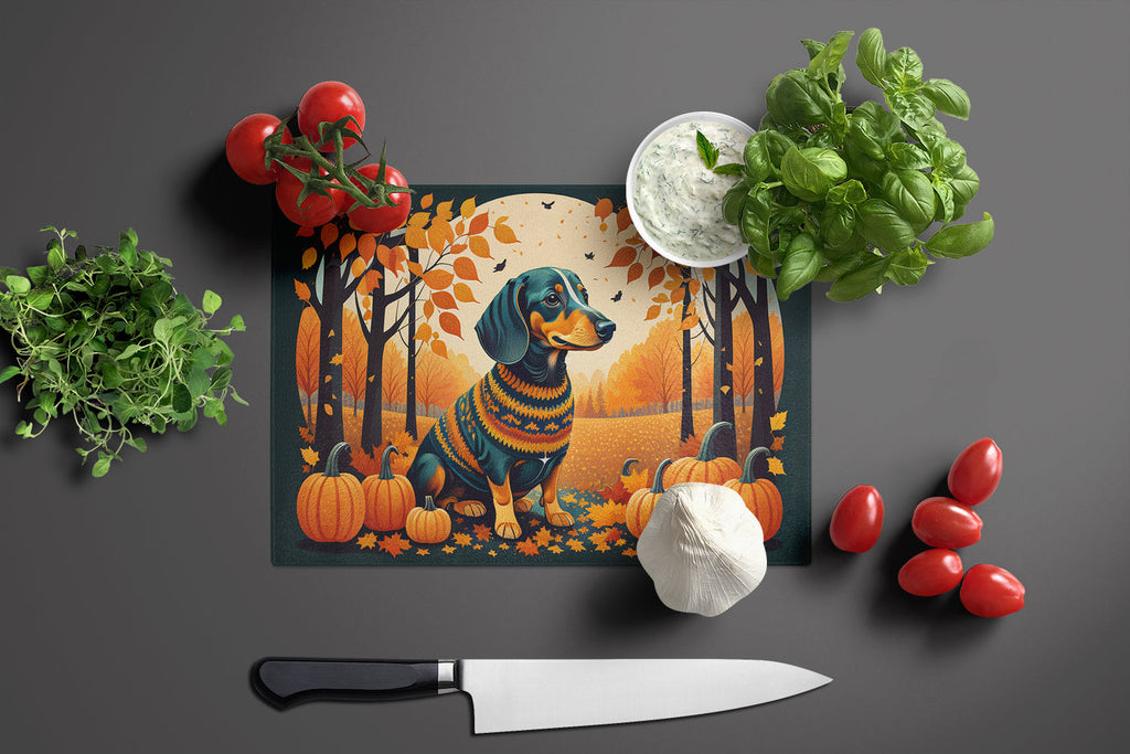 Dachshund Fall Cutting Board Tempered Glass Kitchen Cutting Surface, Heat Resistant Chopping, Non-Slip Feet, Food Prep & Serving