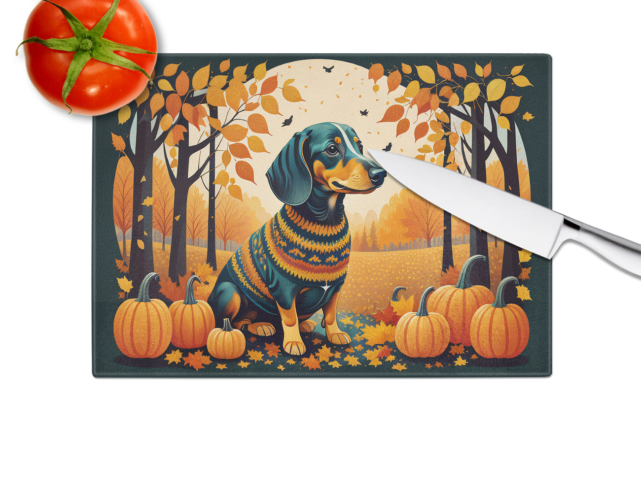 Dachshund Fall Cutting Board Tempered Glass Kitchen Cutting Surface, Heat Resistant Chopping, Non-Slip Feet, Food Prep & Serving
